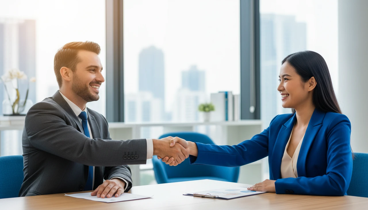 Professional business handshake sealing partnership agreement in modern office environment with blue gradient lighting representing trust and collaboration