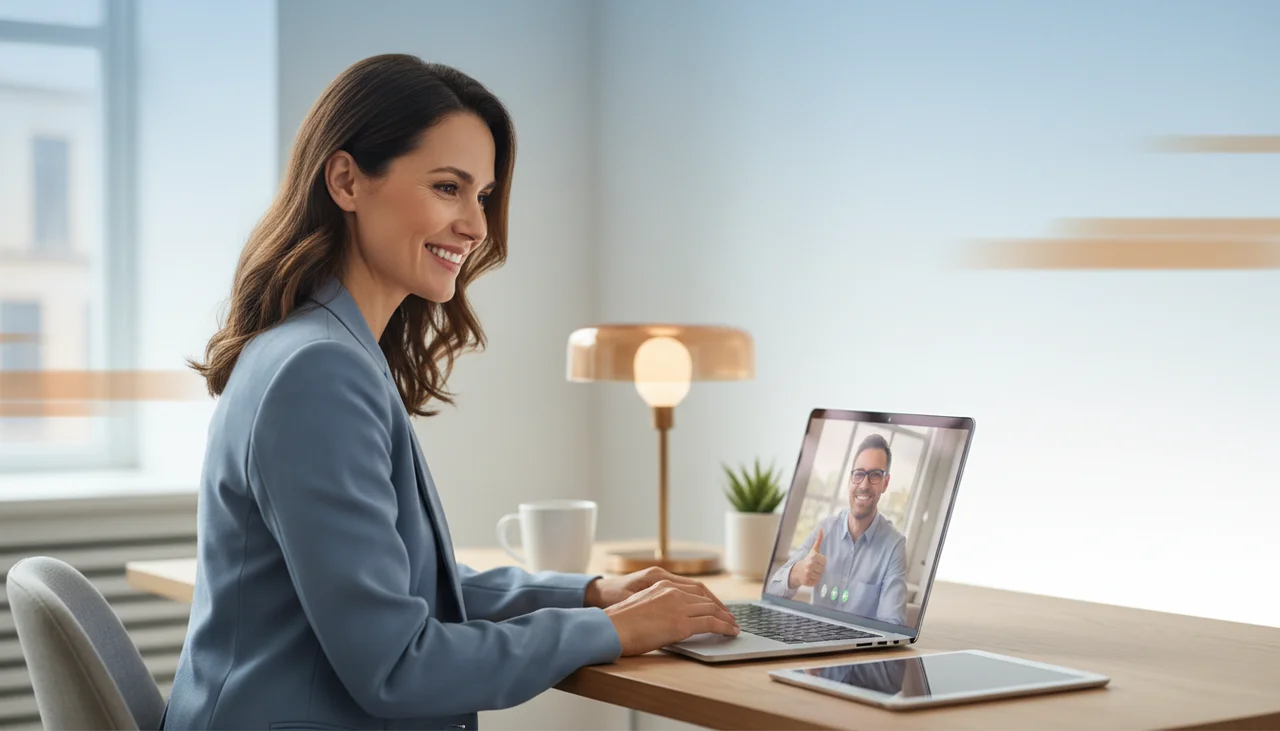 Professional friendly tech consultant in modern minimalist office ready to answer questions about website optimization and AI integration