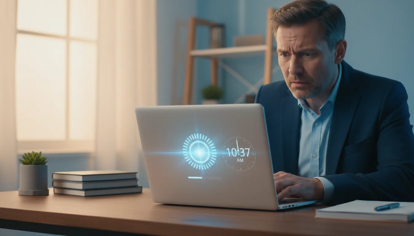 Frustrated business owner looking at extremely slow loading website with visible loading spinner