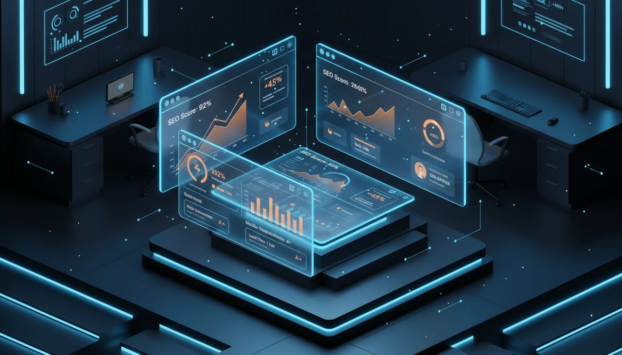 Futuristic holographic website optimization dashboard interface showing performance charts with blue glowing edges