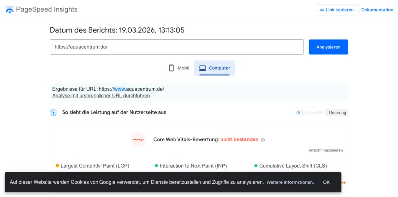 AquaCentrum PageSpeed Score 4x100