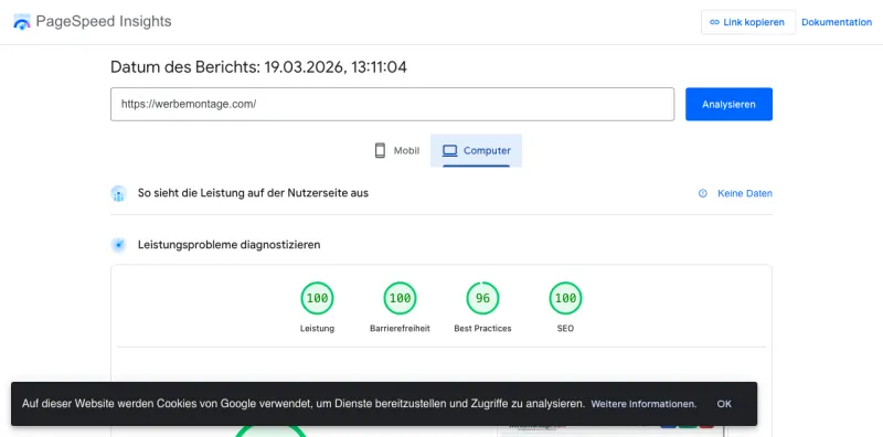 Werbemontage PageSpeed Score