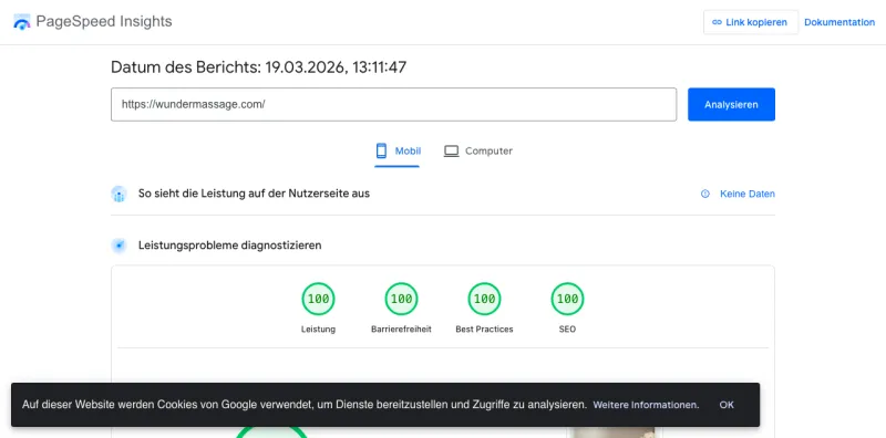 WunderMassage PageSpeed Score 4x100